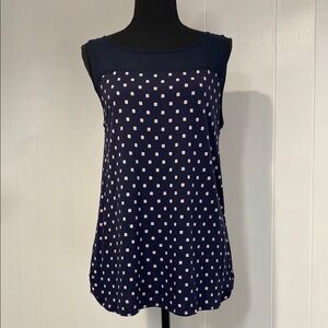 LOFT Tank Top Polka Dots Semi-Sheer Top Dark Blue with Pink Dots Size Medium